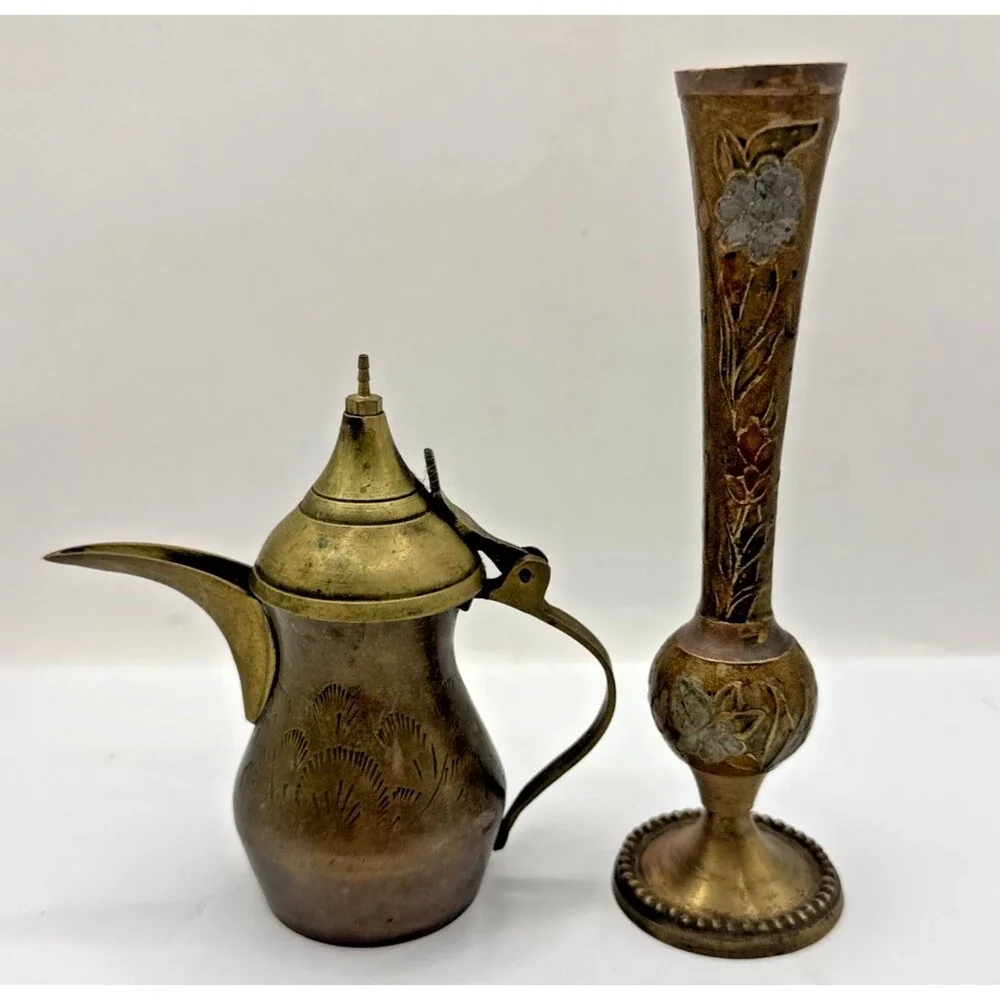 Vintage Brass Bud Vase Floral Etched Scalloped Edge Dallah coffee pot